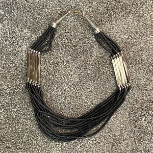 Black Wooden Beads Metal Accents Multi Strand Necklace